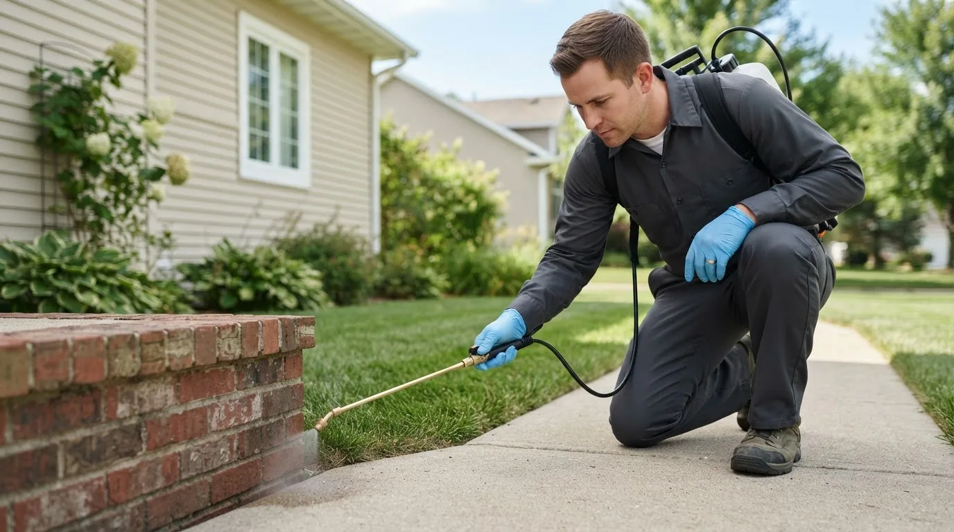 Pest control technician treating a home near West Henrietta, NY